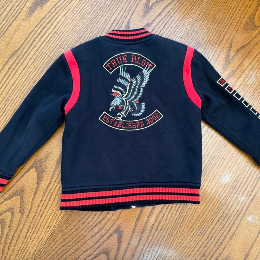 True Religion Black Red Varsity Bomber Jacket Eagle 3T Kidcore Designer Unisex